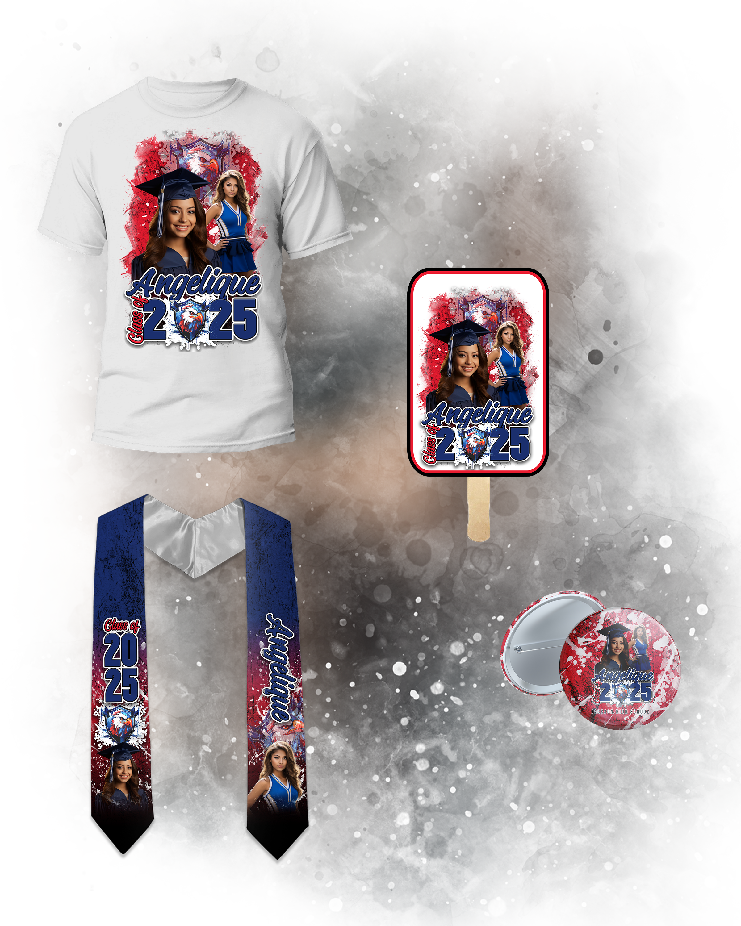 Custom Class of 2025 Grunge Graduation T-Shirt, Stole, Fans and Buttons Bundle 🎓 Main image