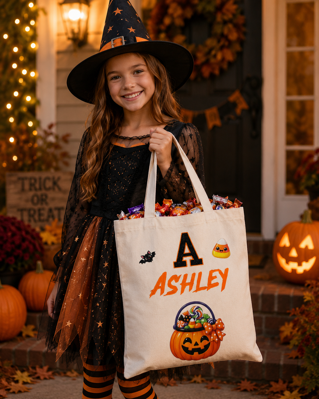 Personalized Halloween Trick-or-Treat Tote Bag | Custom Name & Glitter Appliqué Initial