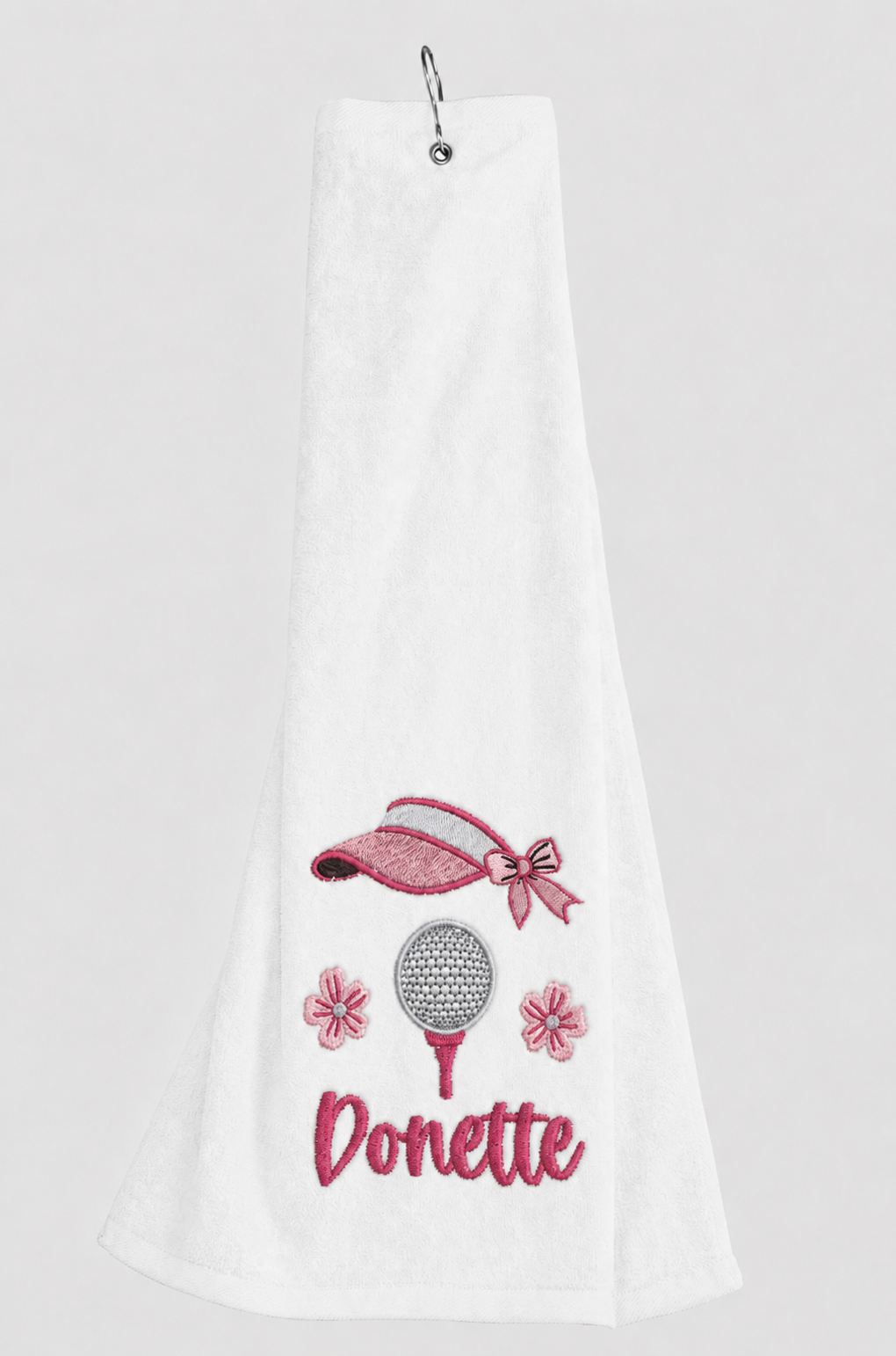 Personalized Ladies Golf Towel | Custom Embroidered Pink Visor Golf Bag Towel