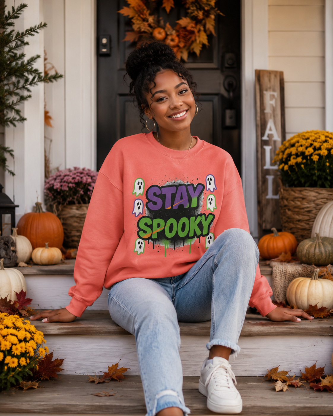 Stay Spooky Comfort Colors Halloween Sweatshirt – Ghost Graphic, Vintage Garment-Dyed Unisex Crewneck Main image
