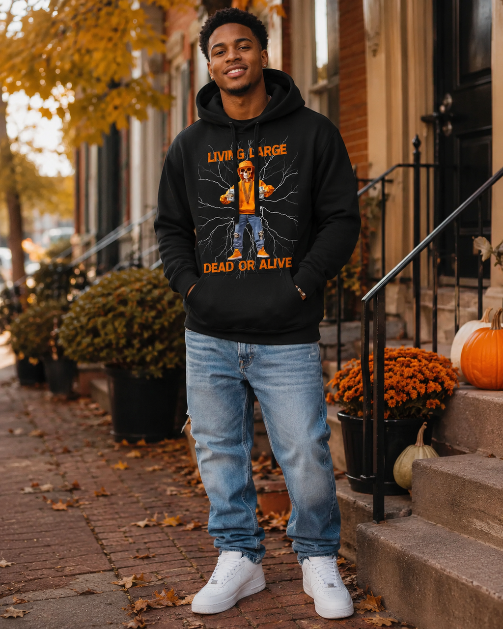 Black "Living Large Dead Or Alive" Halloween Graphic Hoodie 🎉