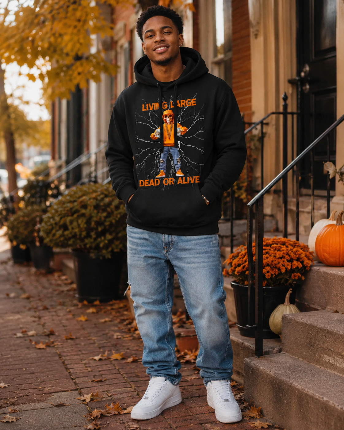 Black "Living Large Dead Or Alive" Halloween Graphic Hoodie 🎉