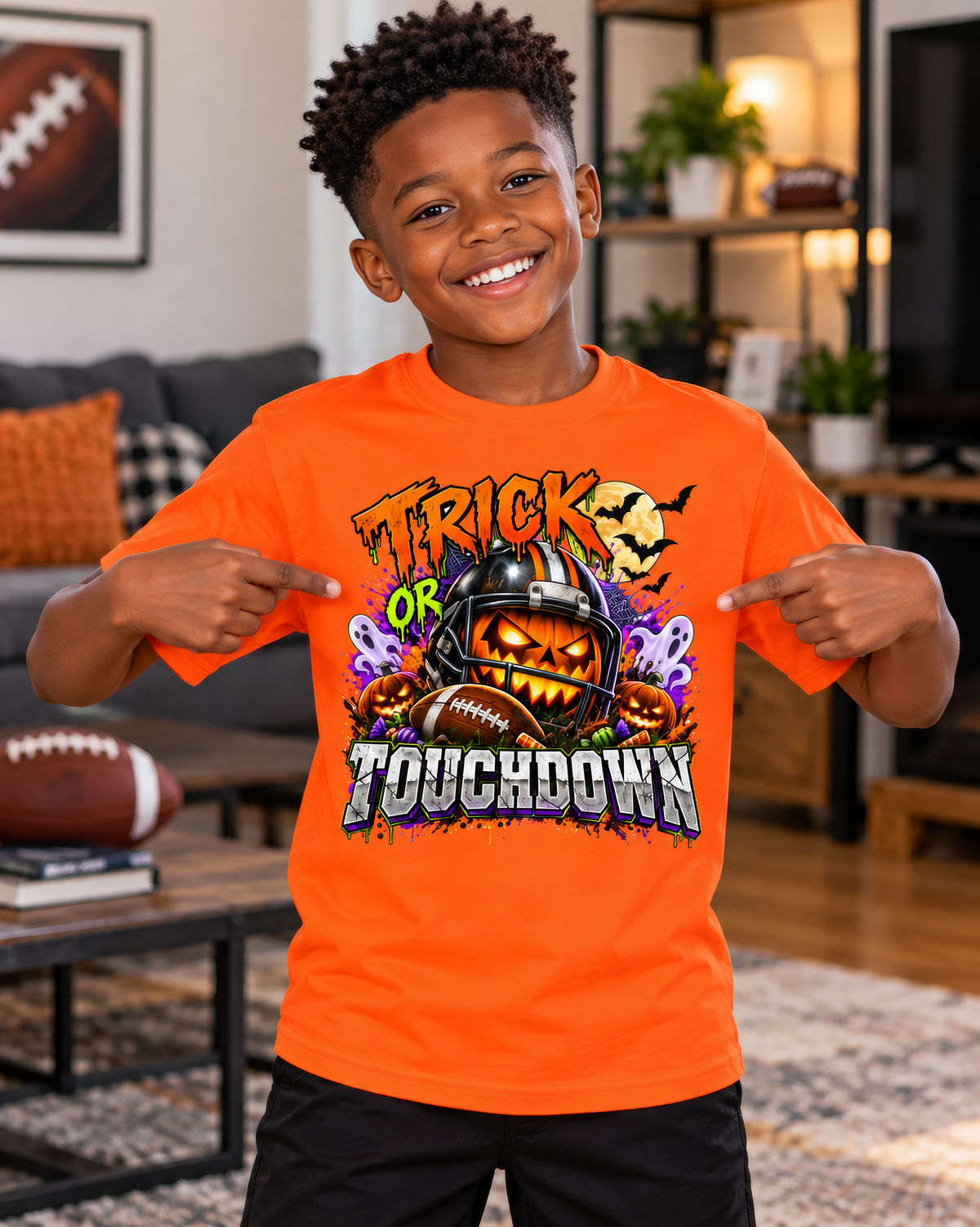 Trick or Touchdown Halloween Football T-Shirt | Youth & Adult Spooky Game Day Graphic Tee