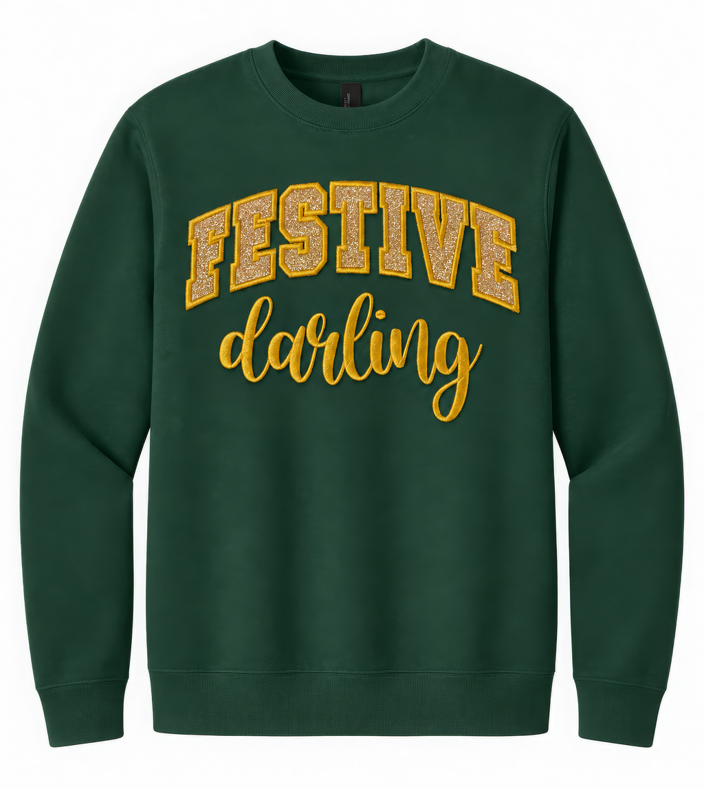 Festive Darling Glitter Appliqué Embroidered Christmas Sweatshirt – Forest Green Crewneck