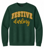 Festive Darling Glitter Appliqué Embroidered Christmas Sweatshirt – Forest Green Crewneck