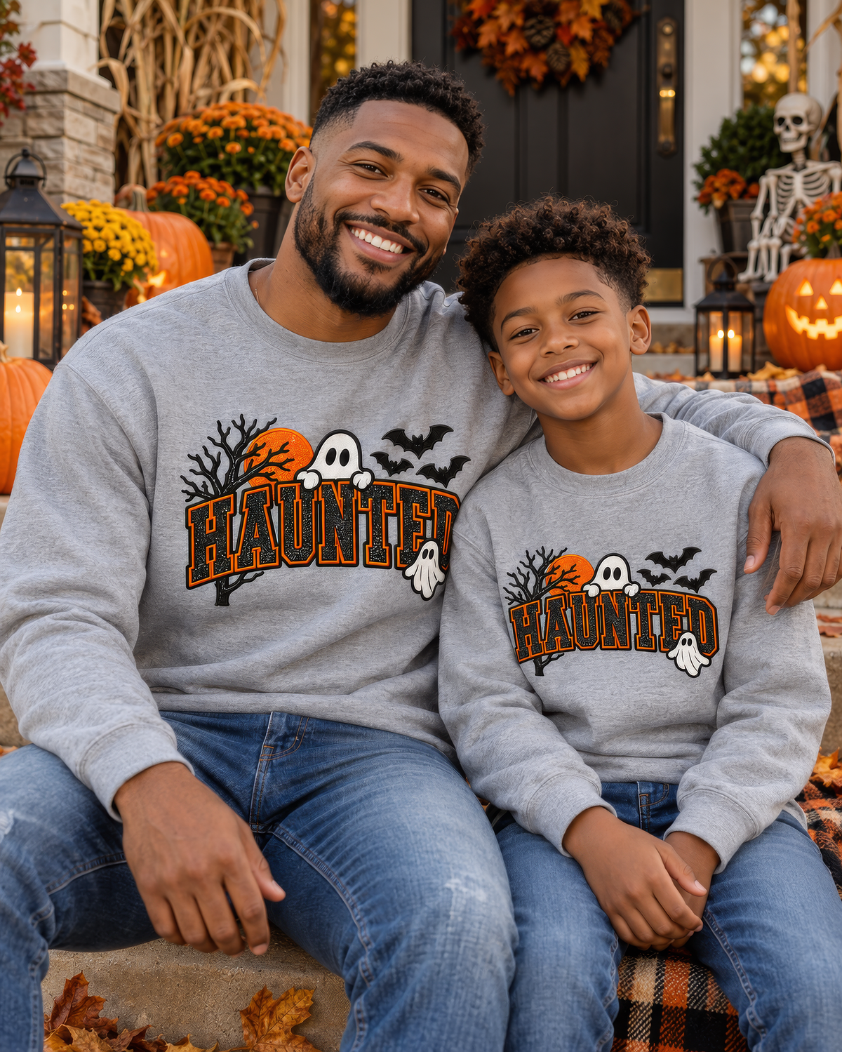 Haunted Halloween Sweatshirt | Ghost & Bat Crewneck | Adult XS–5XL + Youth S–XL