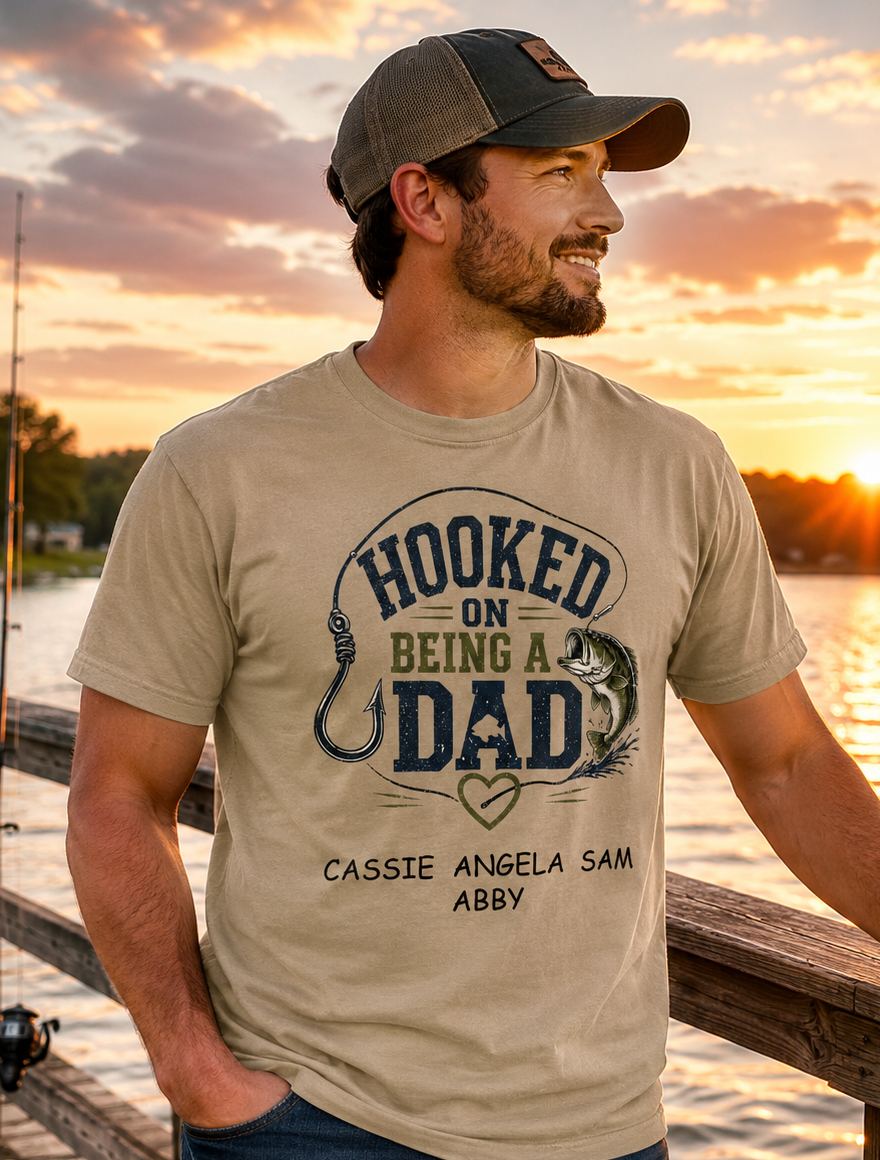 Hooked on Being a Dad™ Personalized Fishing Comfort Colors® Khaki T-Shirt Main image