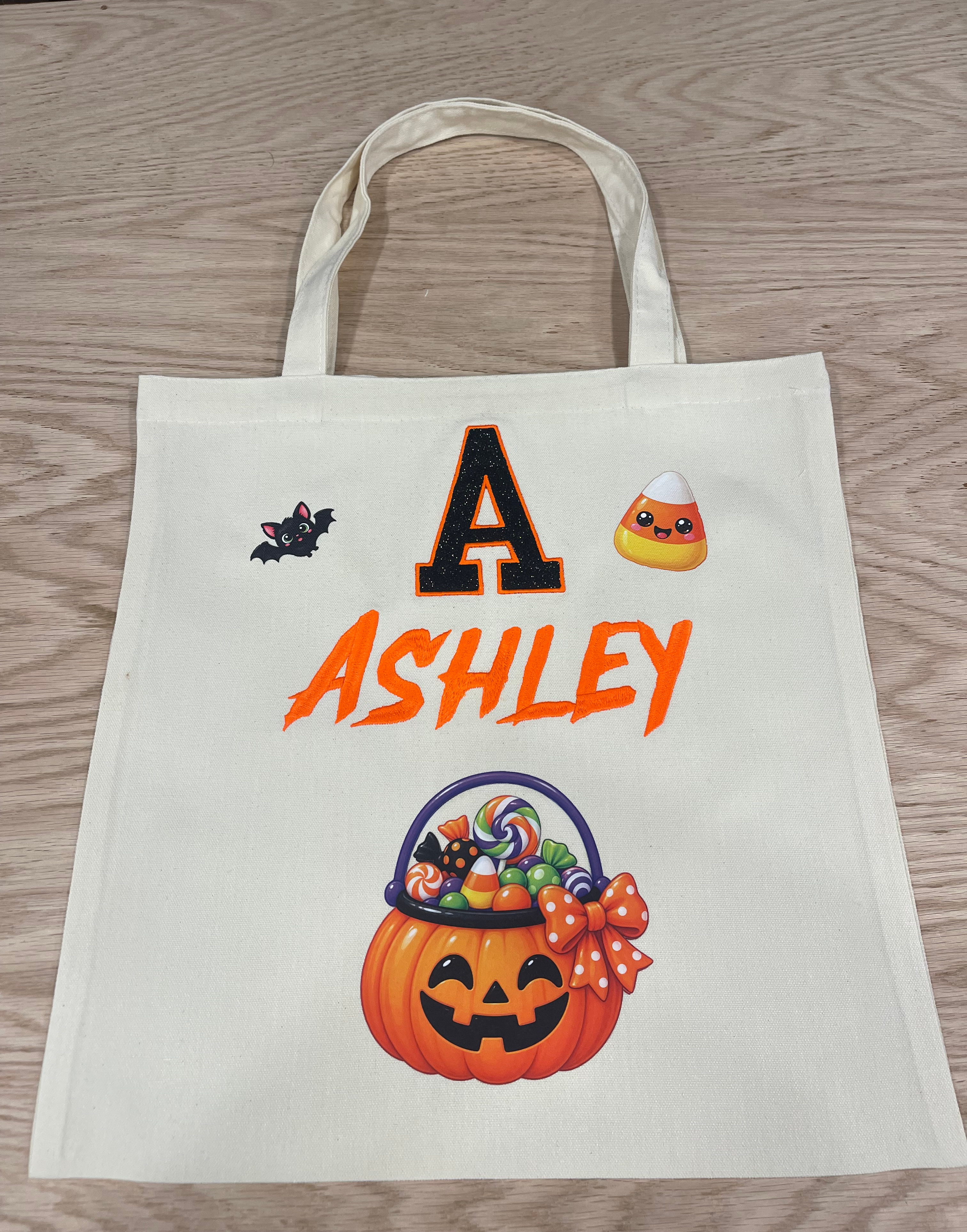 Personalized Halloween Trick-or-Treat Tote Bag | Custom Name & Glitter Appliqué Initial