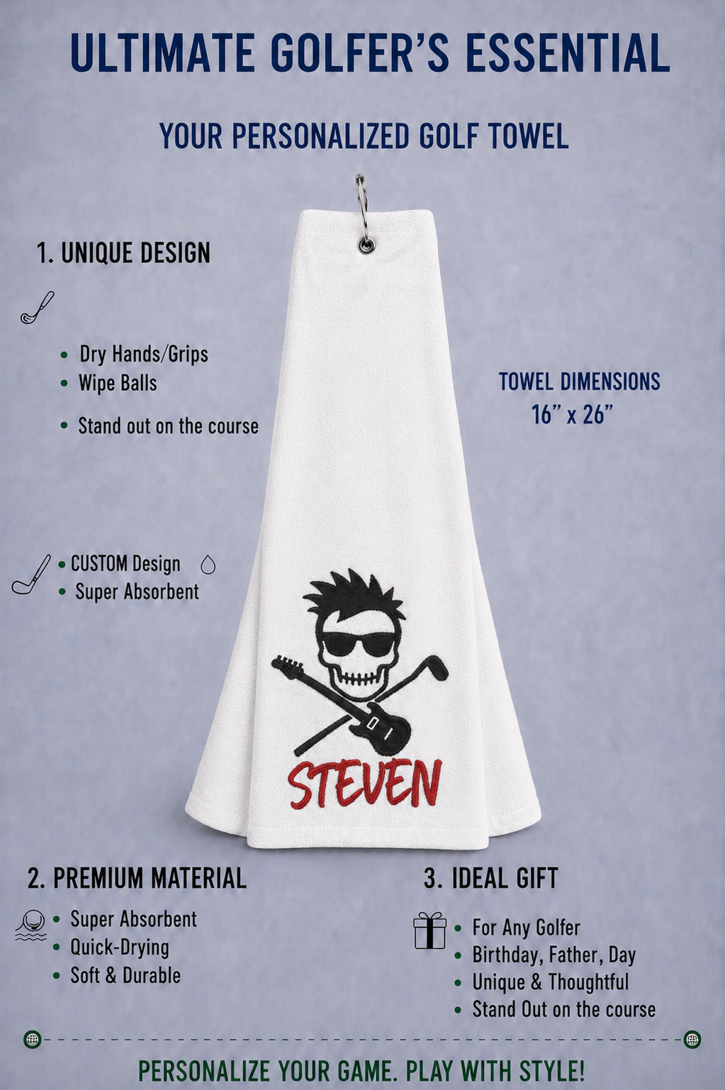 Personalized Rock Star Skull Golf Towel | Custom Embroidered Golf Bag Towel