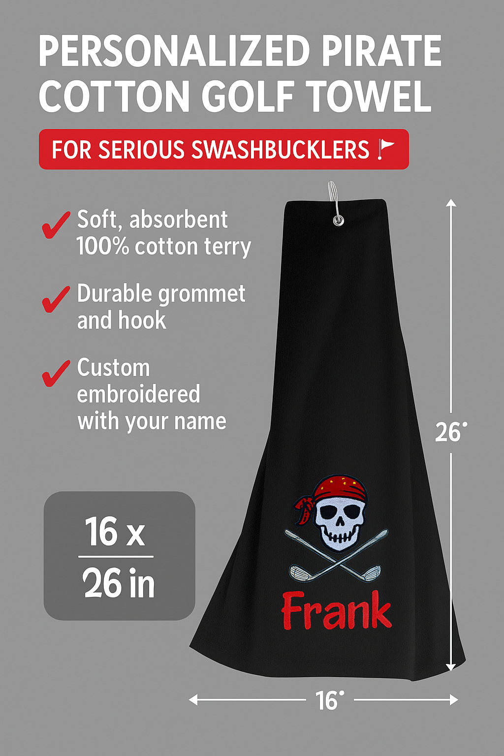 Personalized Pirate Skull Golf Towel with Name – Custom Embroidered Tri-Fold Towel for Golf Bags