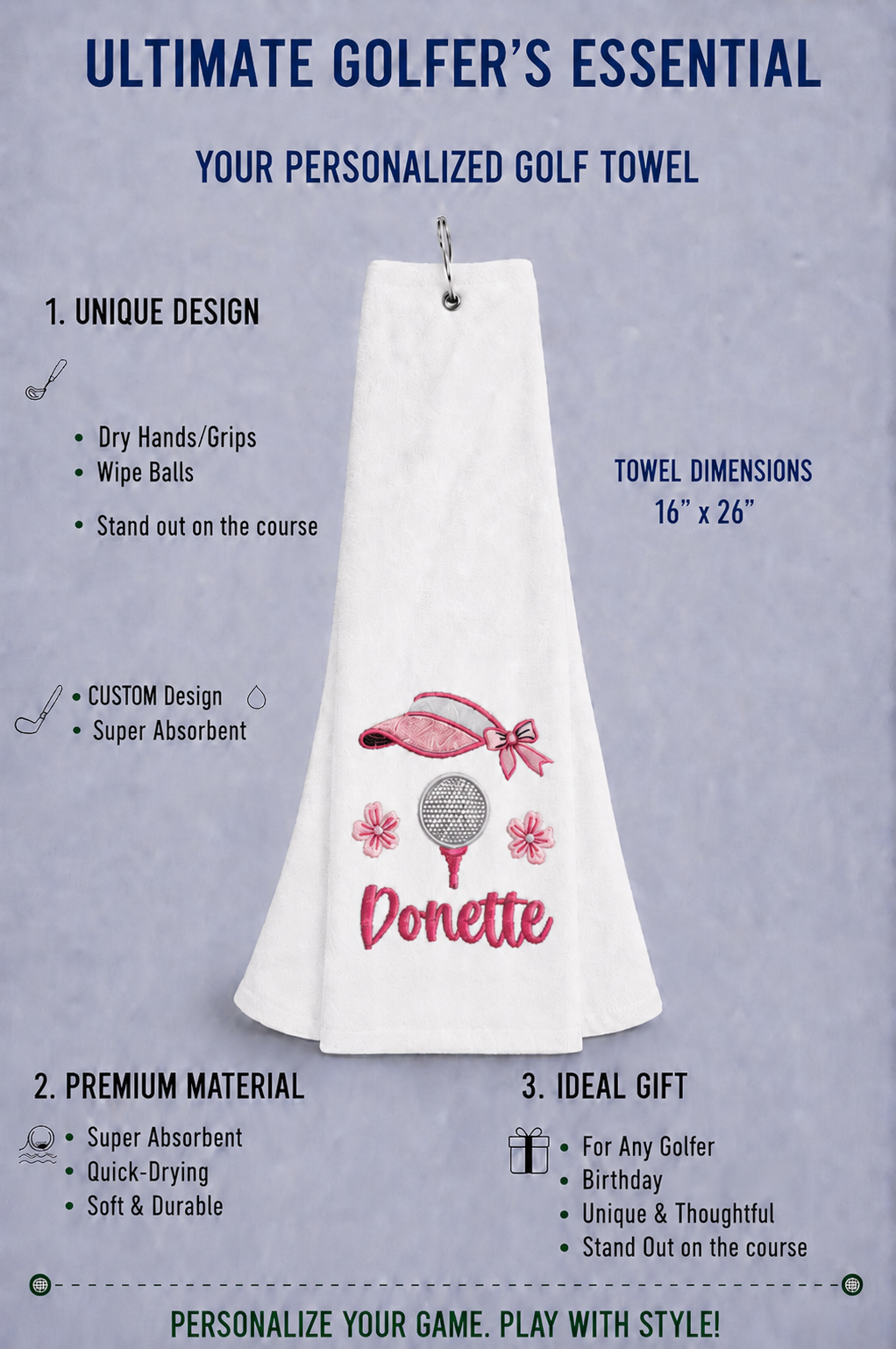 Personalized Ladies Golf Towel | Custom Embroidered Pink Visor Golf Bag Towel