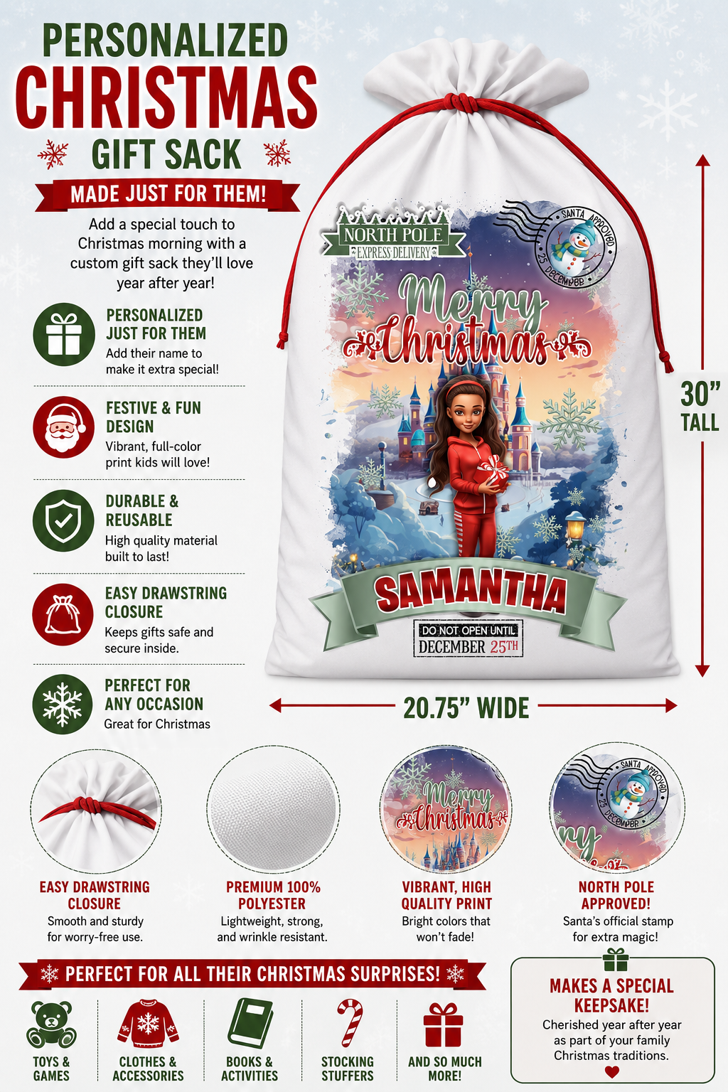 Personalized Christmas Gift Sack | Custom Santa Gift Bag with Name | Large Holiday Present Sack | North Pole Express Christmas Bag for Kids