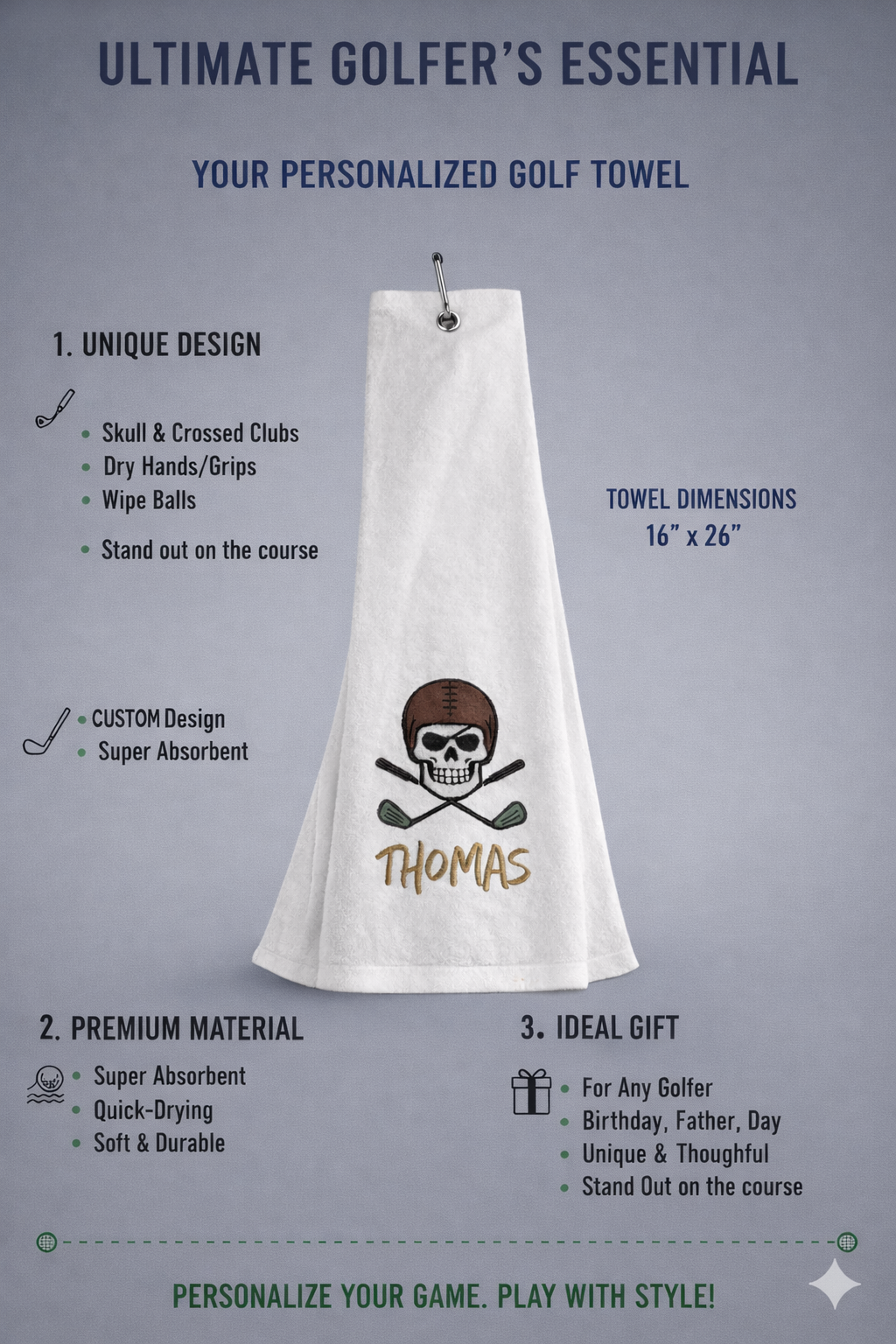 Personalized Football Skull Golf Towel with Name – Custom Embroidered White Tri-Fold Towel for Golf Bags
