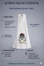Personalized Football Skull Golf Towel with Name – Custom Embroidered White Tri-Fold Towel for Golf Bags