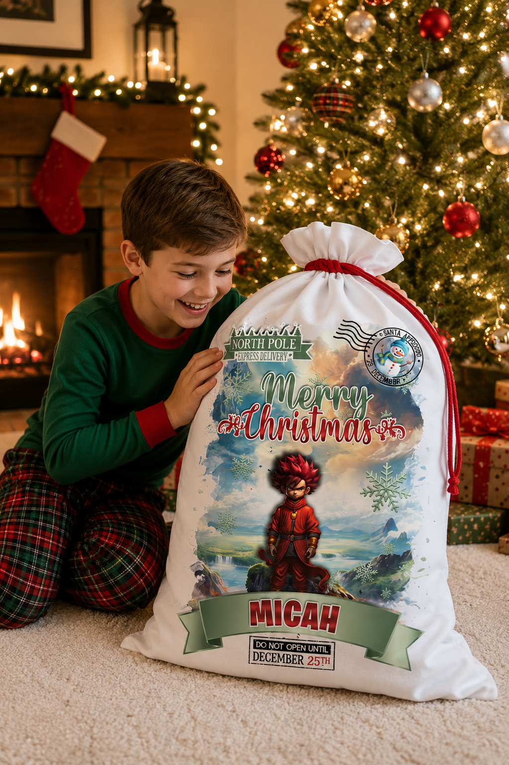 Personalized Christmas Gift Sack | Custom Santa Sack with Name | Large North Pole Express Delivery Christmas Present Bag | Kids Holiday Gift Bag Main image