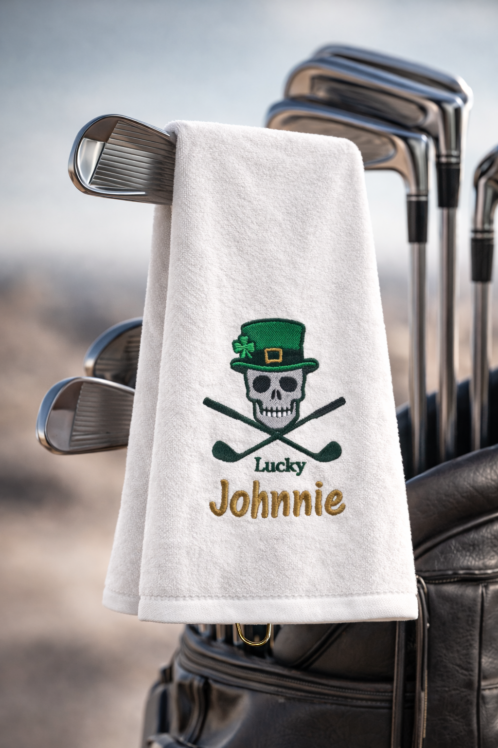 Personalized “Lucky Skull” Golf Towel – Custom Name Embroidered, Premium Cotton Tri-Fold