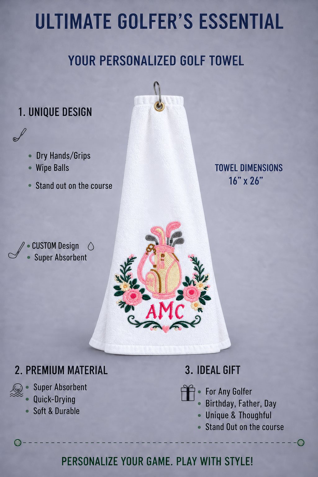 Personalized Floral Golf Towel – Custom Embroidered Golf Bag with Monogram & Pink Flowers