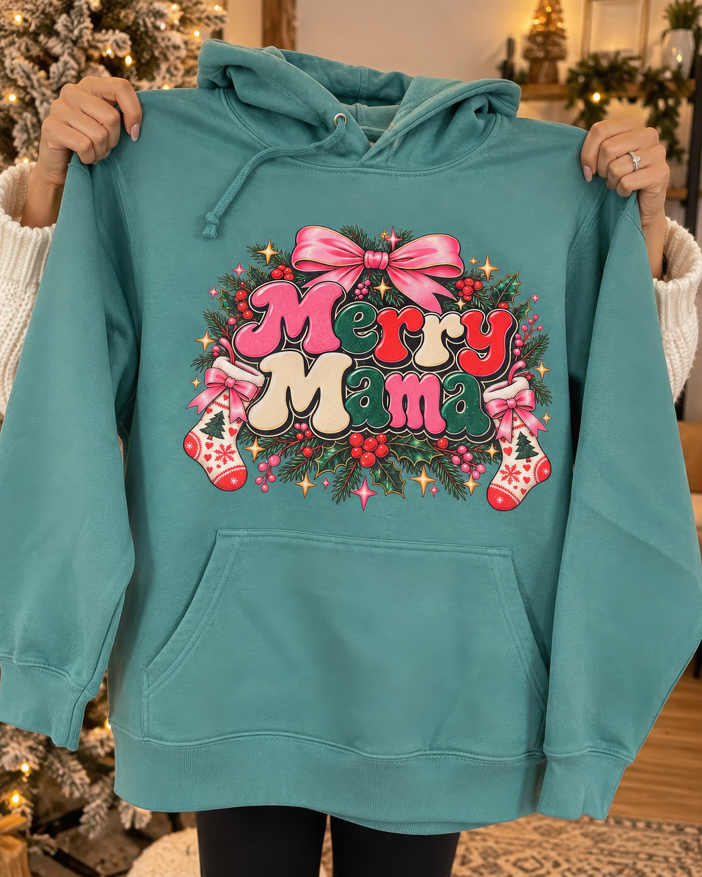 Merry Mama Christmas Hoodie – Retro Holiday Graphic Pullover