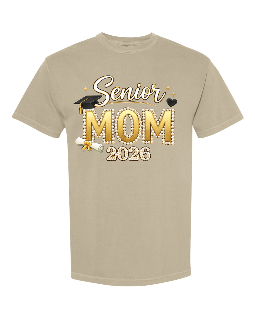 Senior Mom 2026 Graduation Comfort Colors® Graphic T-Shirt – Khaki Pearl & Gold Design
