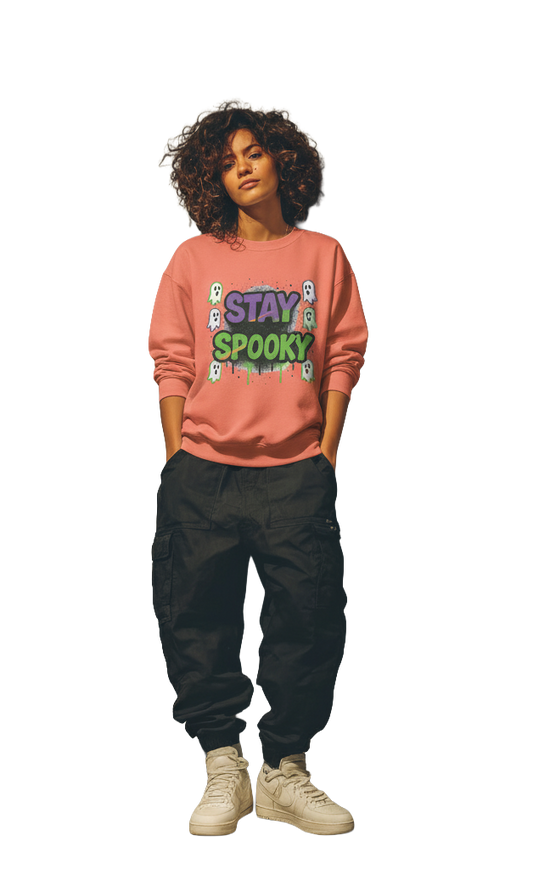 Stay Spooky Comfort Colors Halloween Sweatshirt – Ghost Graphic, Vintage Garment-Dyed Unisex Crewneck