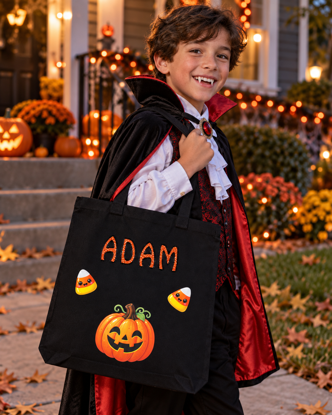 Personalized Halloween Trick-or-Treat Tote Bag | Embroidered Kids Candy Bag with Pumpkin & Candy Corn