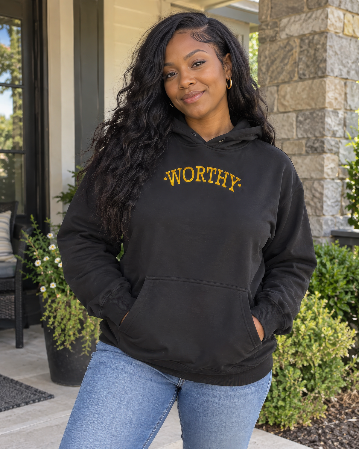 WORTHY Embroidered Hoodie – Black & Gold Inspirational Unisex Sweatshirt