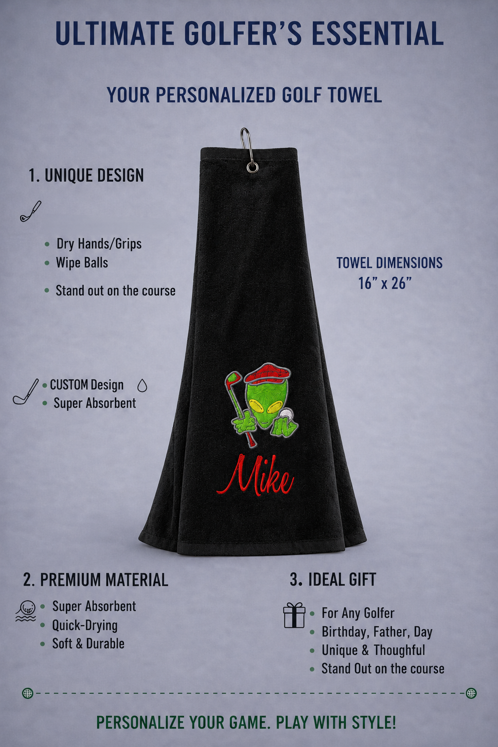 Alien Out-of-This-World Personalized Black Golf Towel 🌌⛳