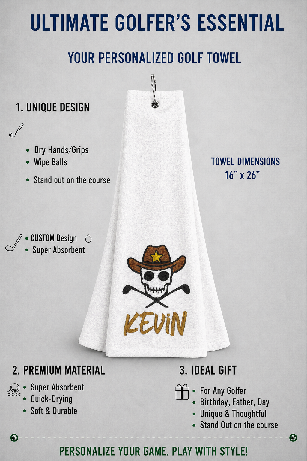 Personalized Cowboy Skull Golf Towel | Custom Embroidered Golf Bag Towel