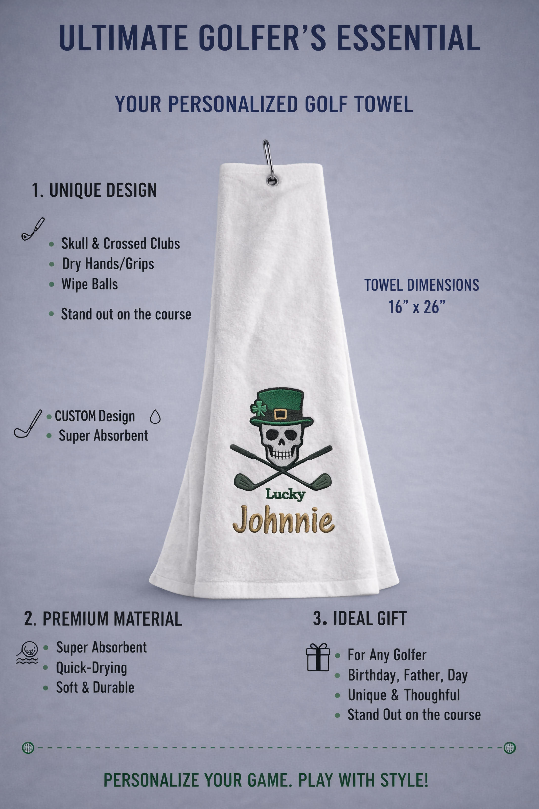 Personalized “Lucky Skull” Golf Towel – Custom Name Embroidered, Premium Cotton Tri-Fold