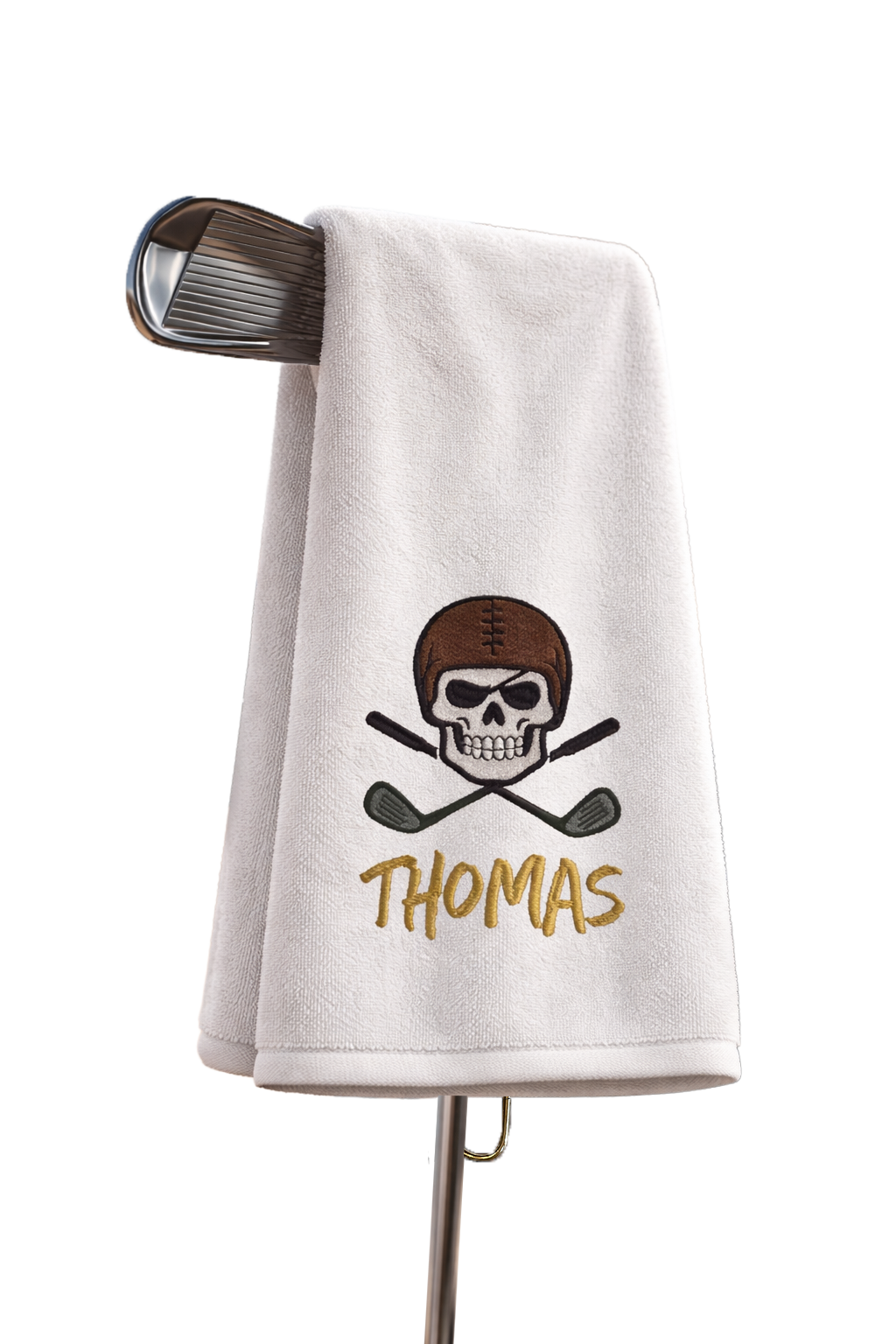 Personalized Football Skull Golf Towel with Name – Custom Embroidered White Tri-Fold Towel for Golf Bags