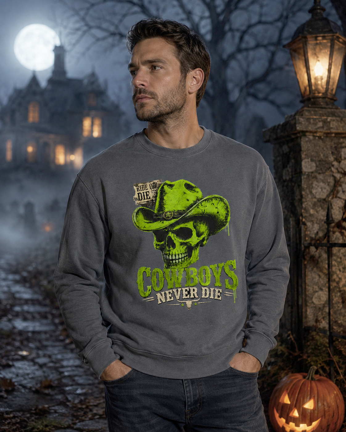 Cowboys Never Die Comfort Colors Sweatshirt | Western Skull Halloween Crewneck Main image