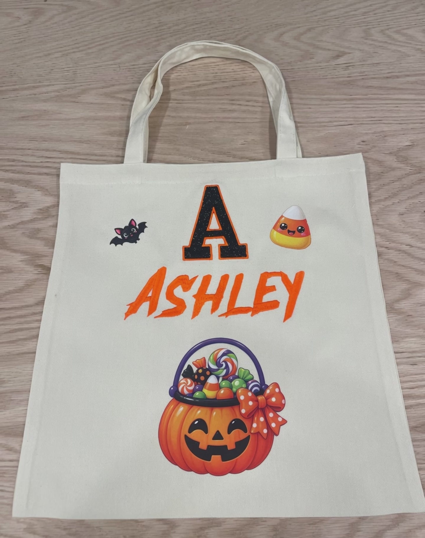Personalized Halloween Trick-or-Treat Tote Bag | Custom Name & Glitter Appliqué Initial