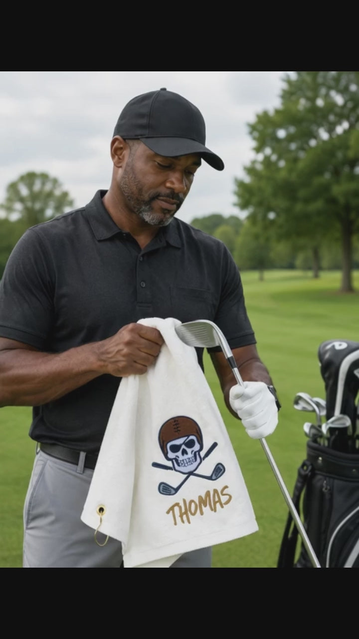 Personalized Football Skull Golf Towel with Name – Custom Embroidered White Tri-Fold Towel for Golf Bags