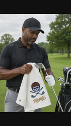 Personalized Football Skull Golf Towel with Name – Custom Embroidered White Tri-Fold Towel for Golf Bags