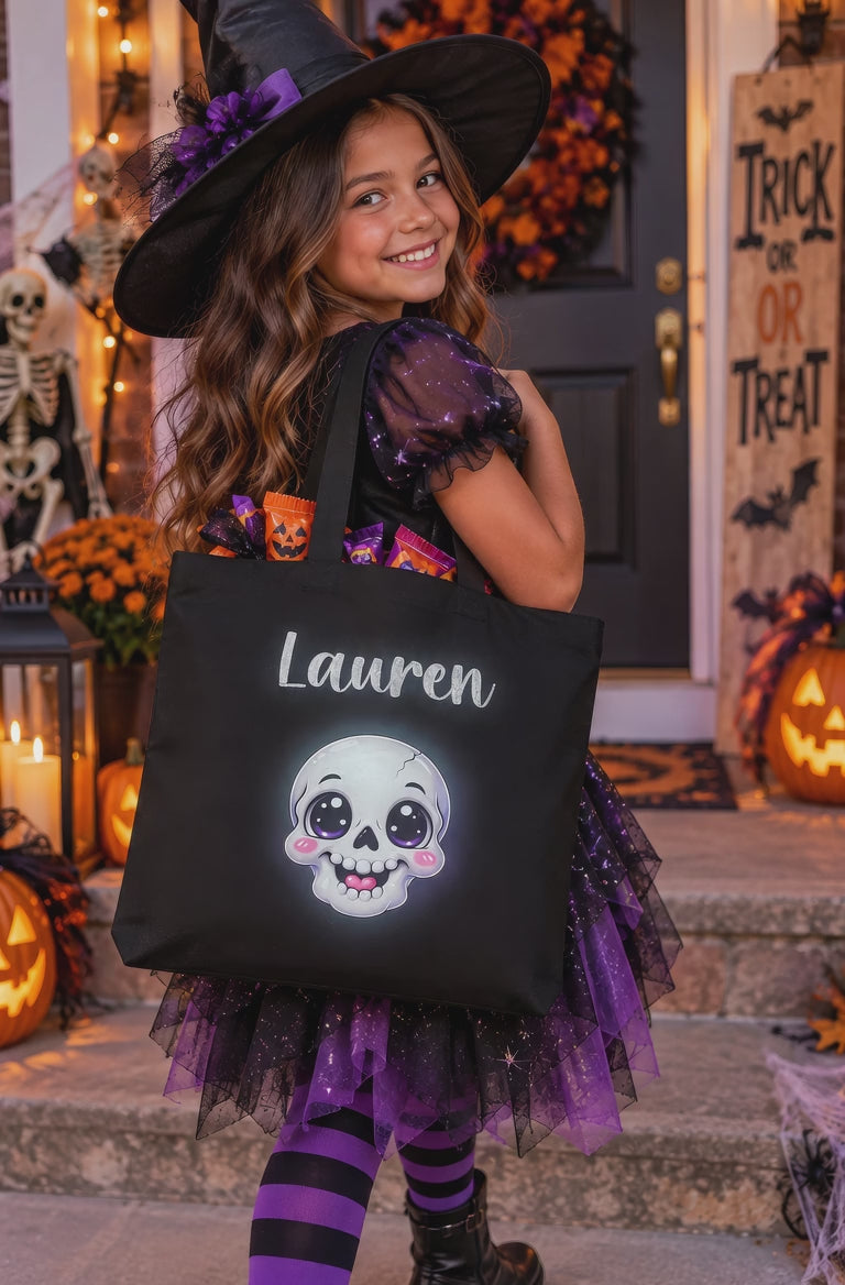 Personalized Cute Skull Halloween Trick-or-Treat Tote Bag | Custom Kids Candy Bag