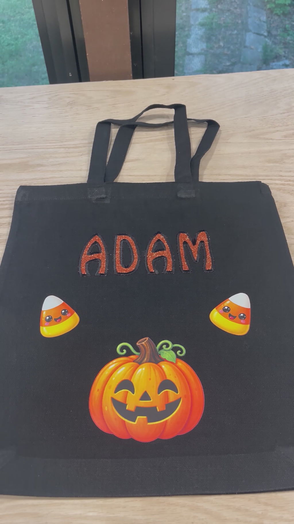 Personalized Halloween Trick-or-Treat Tote Bag | Embroidered Kids Candy Bag with Pumpkin & Candy Corn