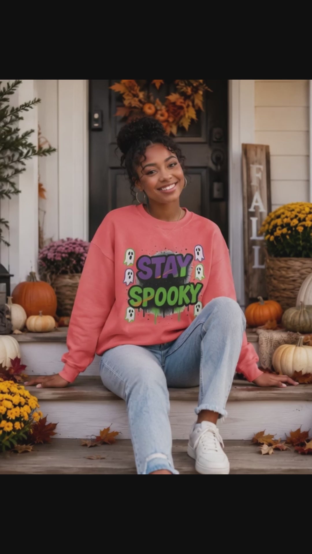 Stay Spooky Comfort Colors Halloween Sweatshirt – Ghost Graphic, Vintage Garment-Dyed Unisex Crewneck