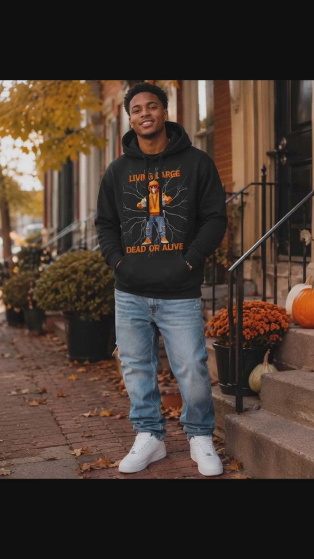 Black "Living Large Dead Or Alive" Halloween Graphic Hoodie 🎉